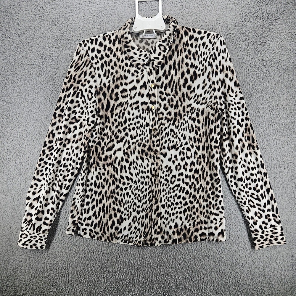 NWOT Calvin Klein Women's Small Collared Shirt Leopard Tiger Print Gold Button S